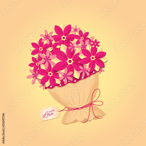 Bouquet flowers in parer cut style on beige background.