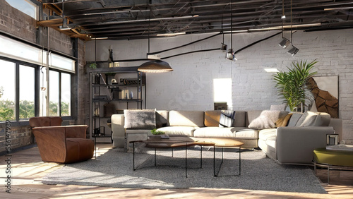 postmodern living room interior in loft, industrial style, vintage, Generative AI