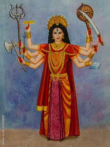 Watercolor drawing - Hindu mythology, goddess Durga