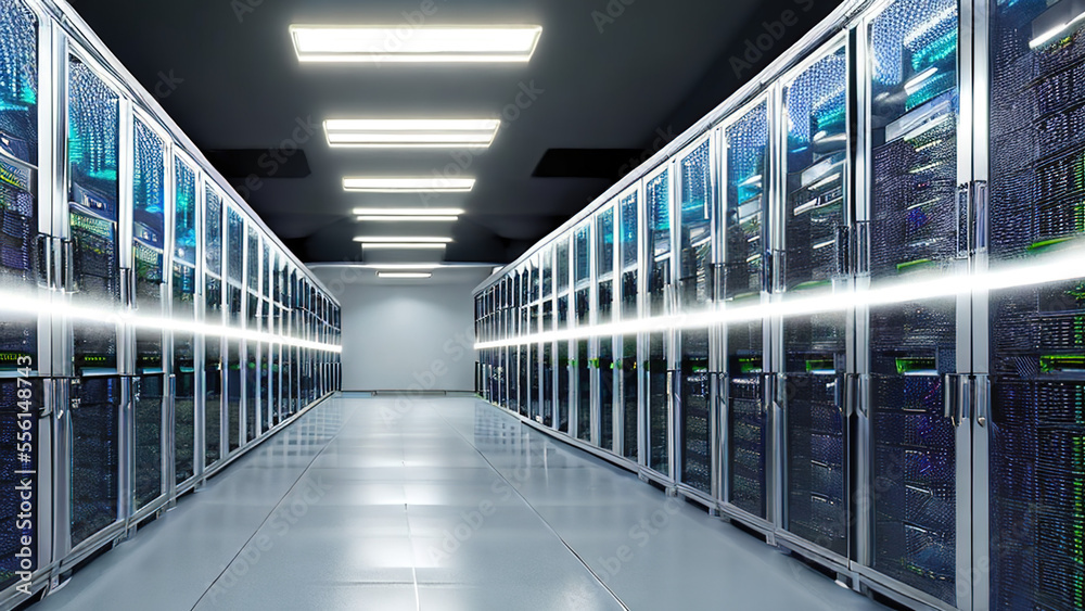servers data center room with computers and storage systems, Generative AI servers data center room with computers and storage systems, Generative AI