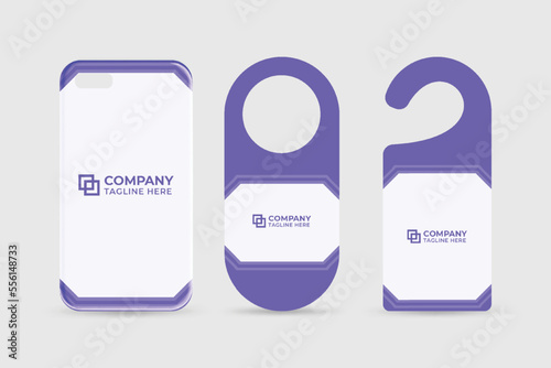 Company advertisement template design with purple shapes. Business office stationery design with abstract shapes. Branding layout design for corporate business on a phone case and door hangers.