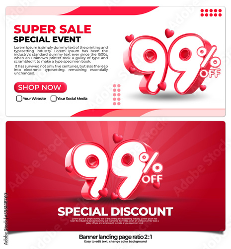 banner pack for landing page,  online shop discount sale promo product, special price on week with 3D render number 99% and element 3D love icon, easy to edit, ready to use, red color ratio 2:1
