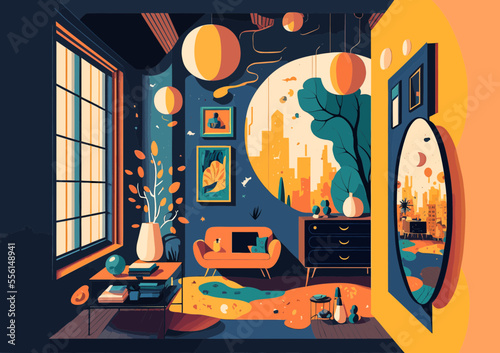 Illustration of a colorful living room of an artist. 