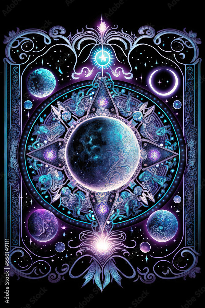 black background tarot card, astrological pattern,beautiful Moonstone crystal, stars and moon, blue, magic, light, white, symbols, cosmic, glowing, blacklight, neon, symmetrical design, geometricintri black background tarot card, astrological pattern,beautiful Moonstone crystal, stars and moon, blue, magic, light, white, symbols, cosmic, glowing, blacklight, neon, symmetrical design, geometricintri