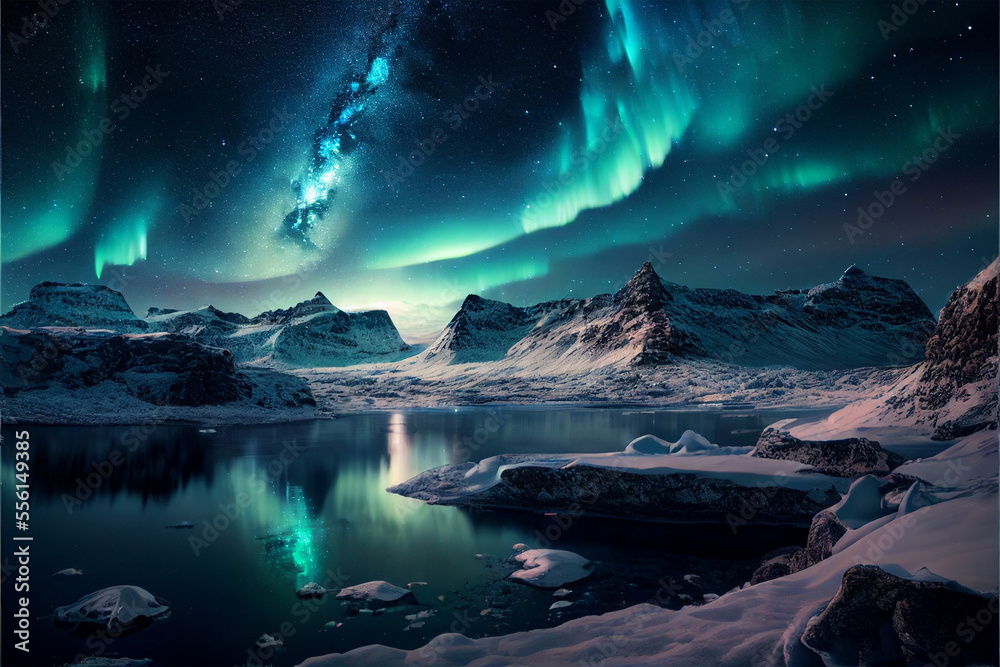 fictional  aurora borealis, colorful northern light stunning imagein scribing green aurora borealis, snowy mountains, mystical mountains, generative ai