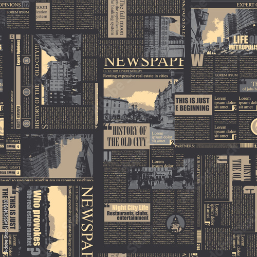 seamless pattern with collage of newspaper or magazine clippings. Vector background in retro style with titles, illustrations and imitation of text. Suitable for wallpaper, wrapping paper, fabric