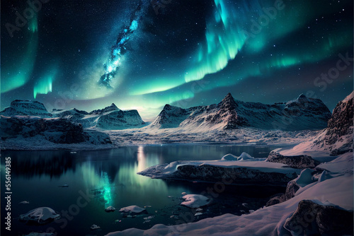 fictional aurora borealis, colorful northern light stunning imagein scribing green aurora borealis, snowy mountains, mystical mountains, generative ai