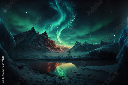 fictional Aurora borealis  colorful northern light  stunning image   inscribing green aurora borealis  snowy mountains  mystical mountains  generative ai  