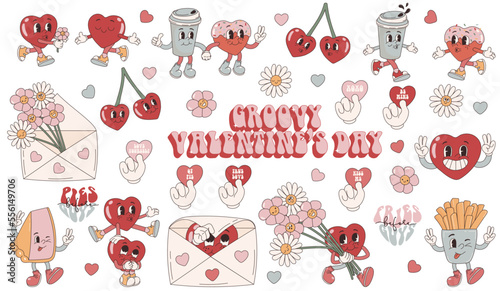 Groovy lovely big set hearts stickers. Love concept. Happy Valentines day. Funky happy heart character in trendy retro 60s 70s cartoon style. Vector illustration in pink red colors.