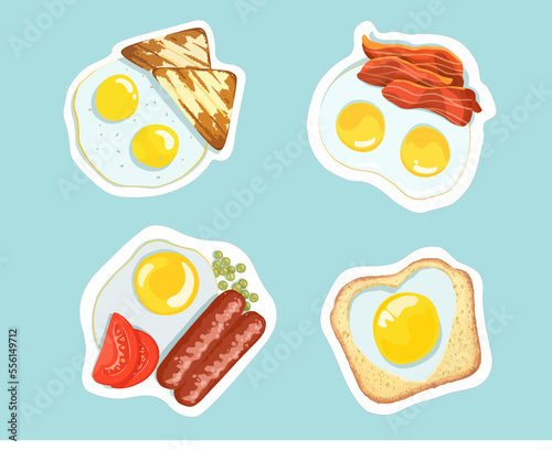A set of options for cooking fried eggs with a side dish. Vector image.