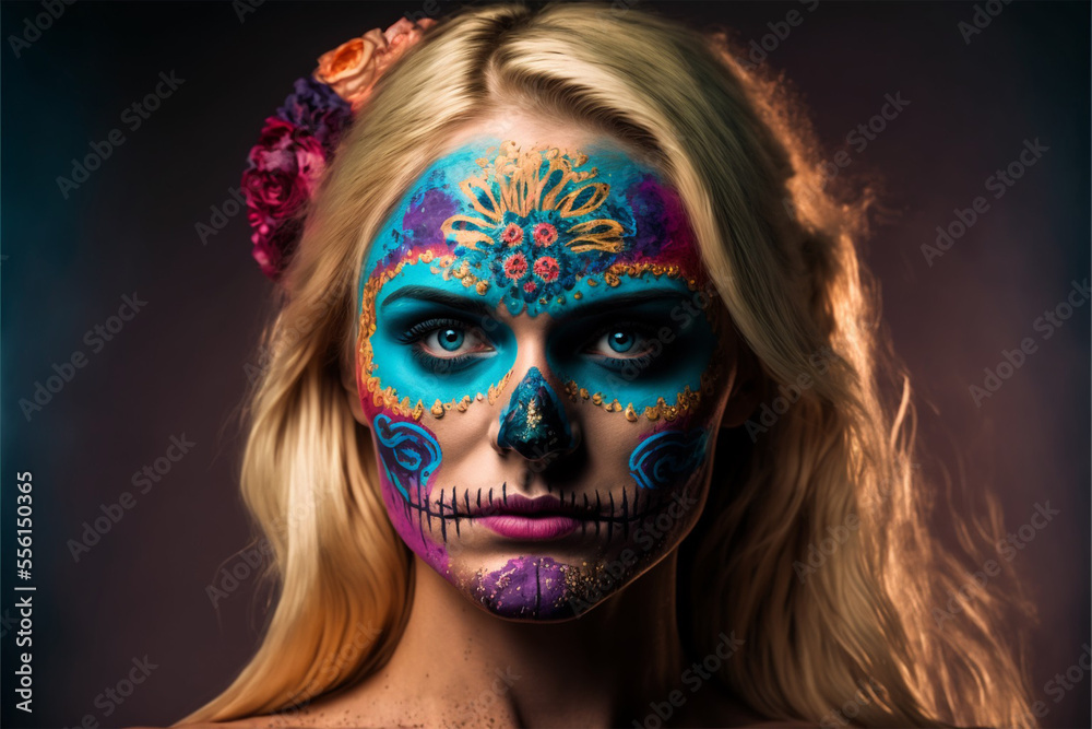 fictitious woman,Santa Muerte deity, beautiful blonde woman with blue eyes painted skull, face painted like skull inspired by Mexican dia de los muertos, generative ai,