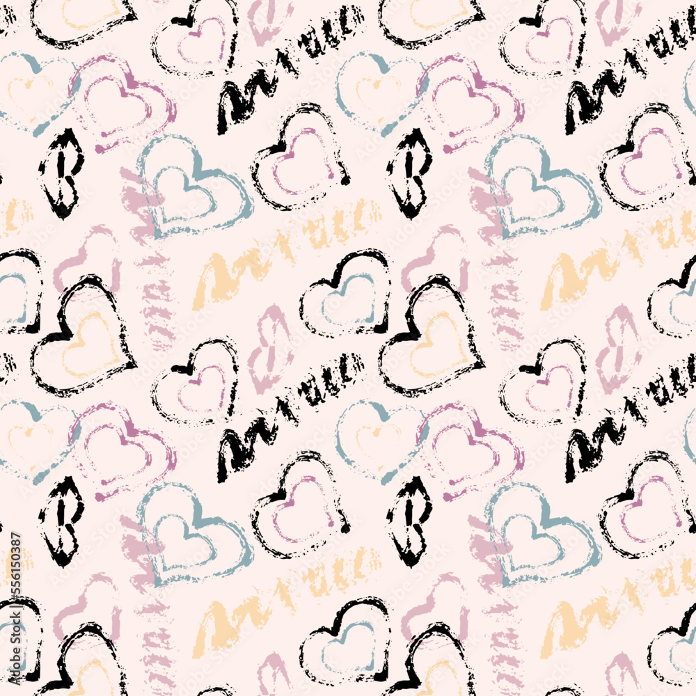 Bright seamless texture with hearts and kisses drawn in doodle style. Pattern for wrapping paper for Valentine's Day, wedding