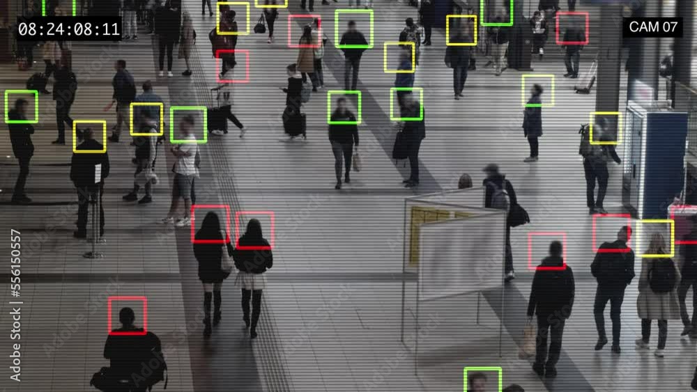 Interface of the display connected to the global people identification system. The surveillance camera with facial recognition collects and processes information about persons passing by. High quality