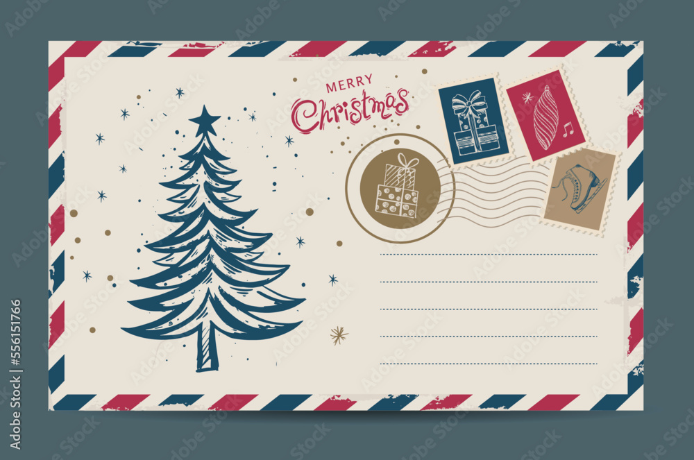 Christmas mail, postcard, hand drawn illustration. Christmas mail, postcard, hand drawn illustration.
