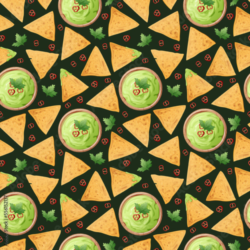 Seamless pattern with nachos on a green background. Traditional Mexican food. Corn chips with guacamole sauce. Vector background for wrapping paper, fabric, wallpaper. Latin American food