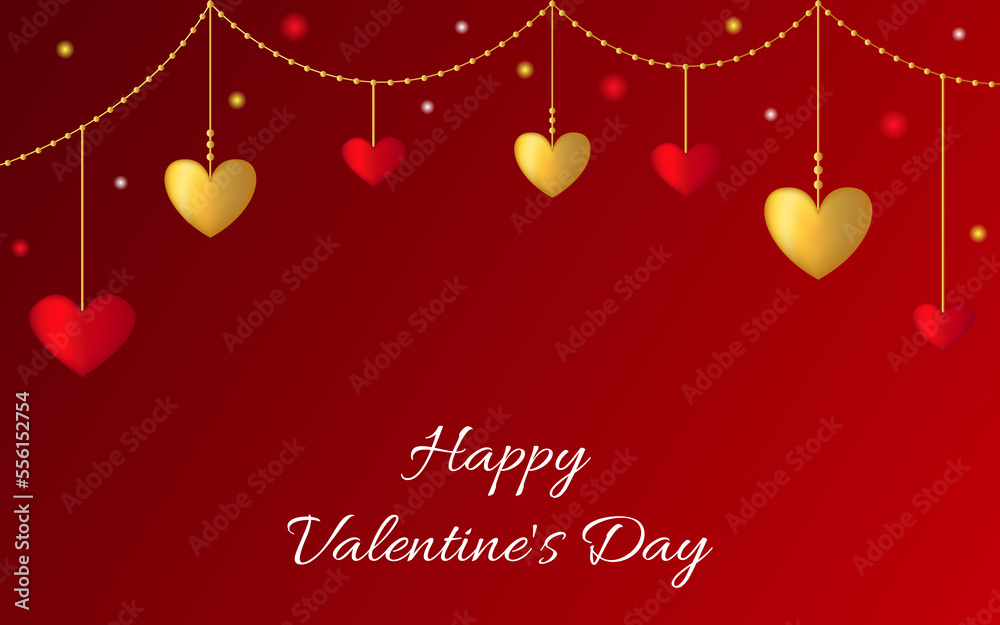 Naklejka premium Happy Valentine's Day. Red background with garland of gold and red hearts. Design for postcard, invitation, banner. Vector illustration