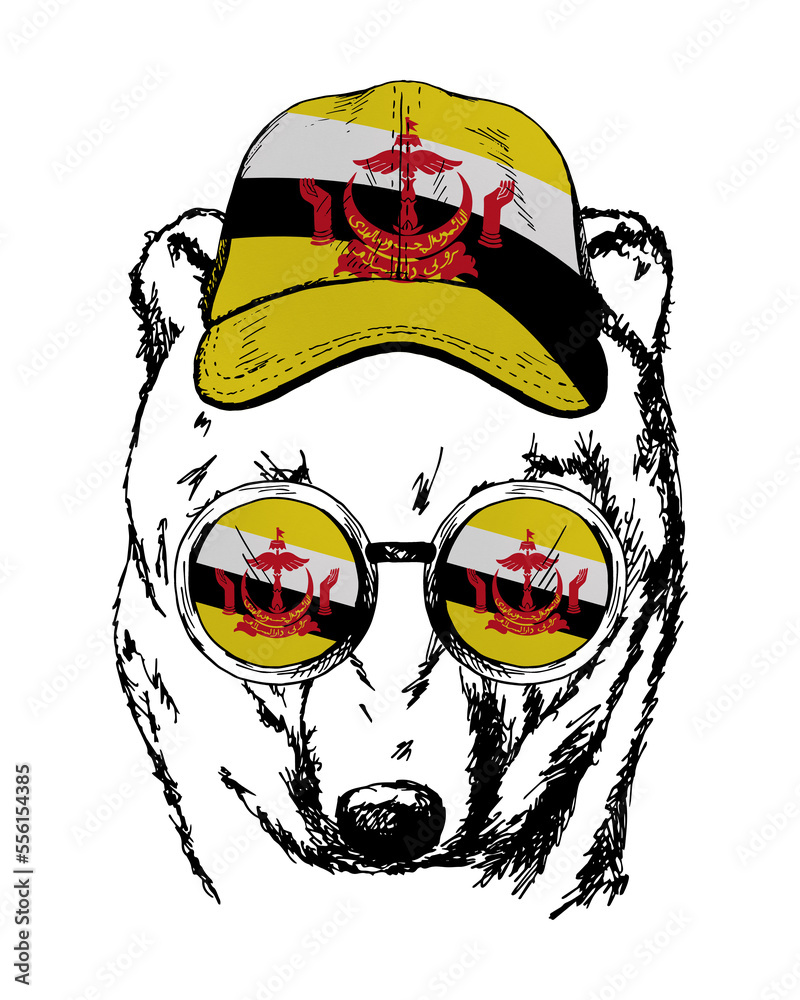Obraz premium Brown bear's hand drawn portrait. Patriotic sublimation in colors of national flag on white background. Brunei