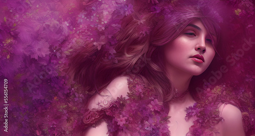 Woman in purple flowers, magenta, digital art, 