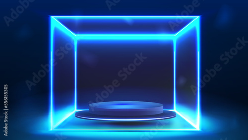 Blue neon cube in dark and blue scene with blue floating in the air empty podium inside