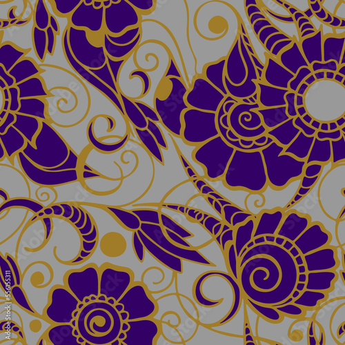 seamless pattern of large purple flowers with a golden outline on a blue background, texture, design