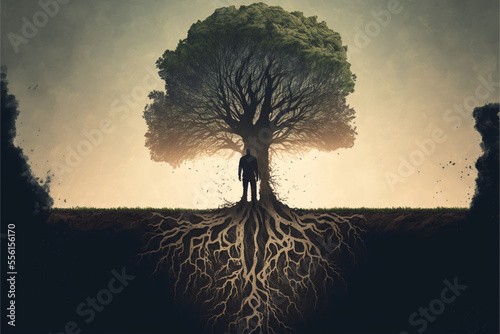 person standing in front of a tree with deep roots, representing the strength and stability of a solid foundation in life (AI Generated)