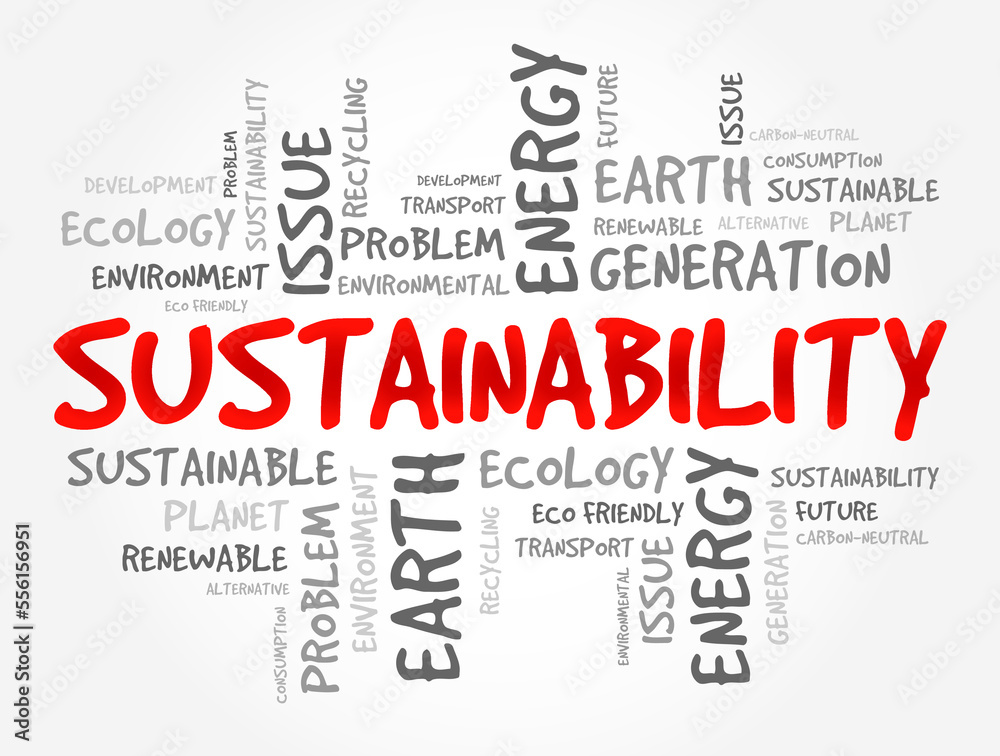Sustainability - meeting our own needs without compromising the ability of future generations, word cloud concept background