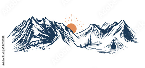 Mountain landscape, Camping in nature, sketch style, vector illustrations.