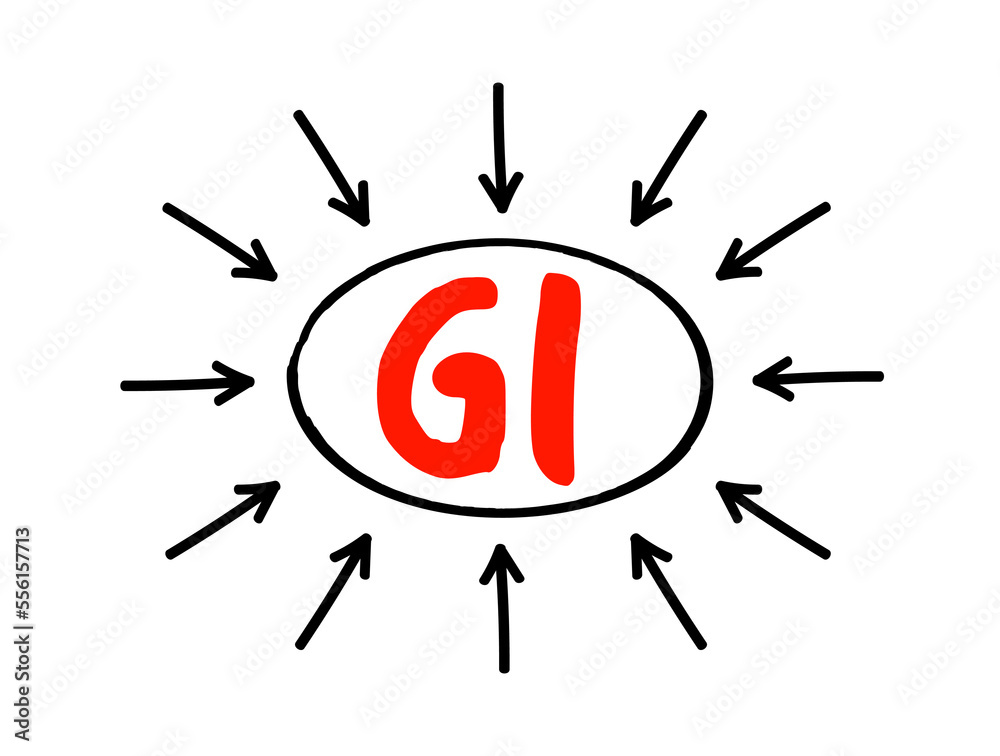 GI - Gastrointestinal acronym text with arrows, medical concept background GI - Gastrointestinal acronym text with arrows, medical concept background