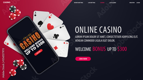 Online casino, blue banner with smartphone with offer, playing cards and poker chips, top view