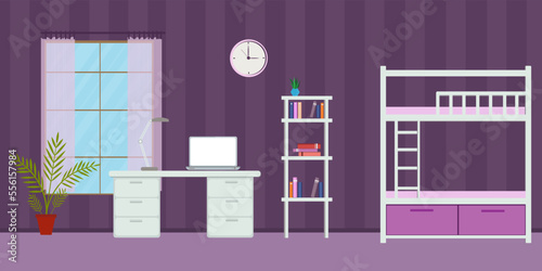 room interior with bookshelf with bunk bed window and chest of drawers and with computer for workspace