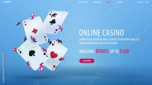 Photography Online casino, blue banner with welcome bonus, button and falling casino poker c