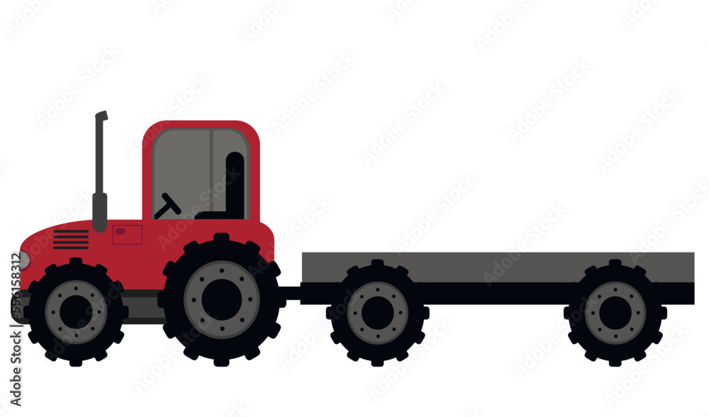 Tractor, red tractor with trailer isolated on white background. Sowing season or Agriculture concept. vector illustration. Tractor, red tractor with trailer isolated on white background. Sowing season or Agriculture concept. vector illustration.