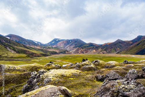 Colourful Mountains, Green Moss, Geothermal Pools, Beautiful Volcano Valley Landmannalaugar, Iceland