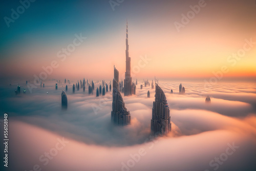 fog on skyscrappers. generative ai © ArgitopIA