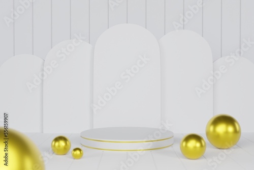 Luxury 3D stand podium product platform for product showcase. White wall, golden ball and premium cosmetic mockup advertising scene.