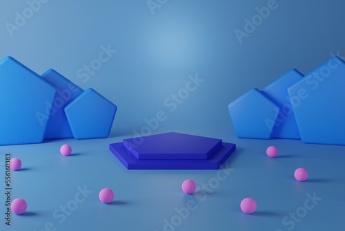 Pentagon blue 3D stand podium with pink ball around, Abstract minimal wall scene for mockup products display.