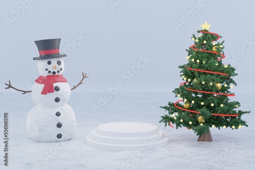Merry Christmas 3d product platform podium presentation display with snowman, Christmas tree, white, snow, green, golden ball and glowing star.