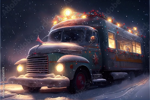 Truck in the snow. AI generated art illustration.	
