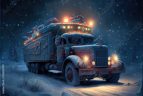 Truck in the snow. AI generated art illustration. 