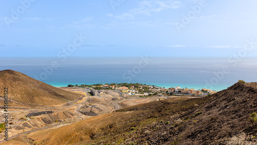 View of the village of Morro Jable and the Atlantic Ocean from the top of the mountain in Fuerteventura, Canary Islands, Spain