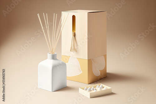 Illustration of a blank reed diffuser, aroma stick fragrance, perfume cube bottle, and paper box packaging. Generative AI