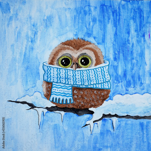 Square texture picture, cute animal painted with bright colors. Owl on a branch, cold winter. Happy new year and merry christmas. Gift for a child. Oil acrylic, watercolor, pastel, markers. Modern Art