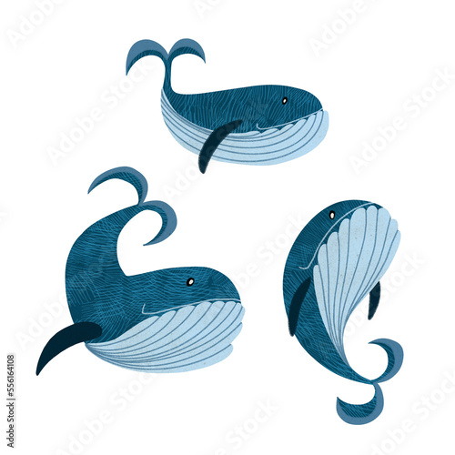 Cute dancing watercolor whales. Ocean fish. Sea life. For kids