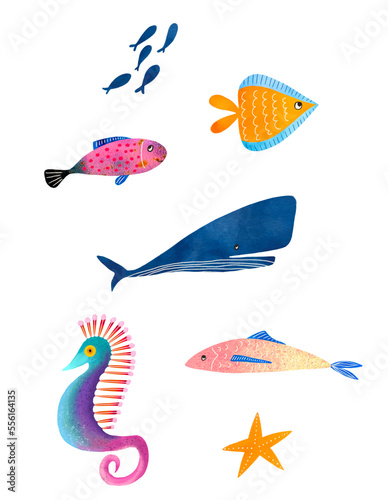 Sea life animals. Whale, fish. seahorse. sea star