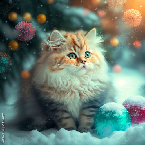 Christmas greeting card with a fluffy cute kitty sitting near a snowed covered pine branch with Christmas balls in forest, created with Generative AI technology  © Olga