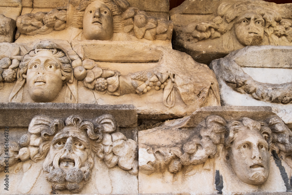 Sculpted Greek mask recovered from the ruins of the theater of Aphrodisias ancient city Aydin, Turkey