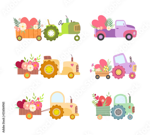 Cute Tractor and Van with Cart Full of Flowers and Hearts Vector Set