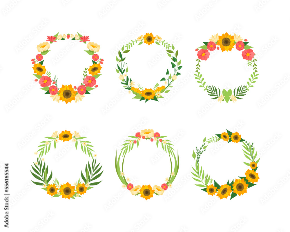 Sunflower Wreath with Large Yellow Flower Head and Seasonal Foliage Vector Set