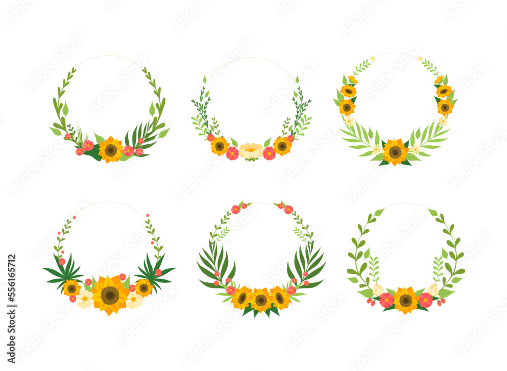Obraz premium Sunflower Wreath with Large Yellow Flower Head and Seasonal Foliage Vector Set