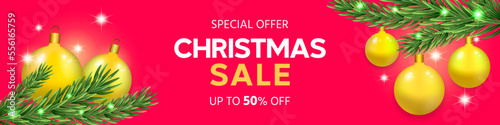 Merry Christmas discount sale banner template. Merry Christmas and New Year background with Christmas tree with shiny golden toys. Sale Christmas background. Special offer. Discount up to 50% Vector